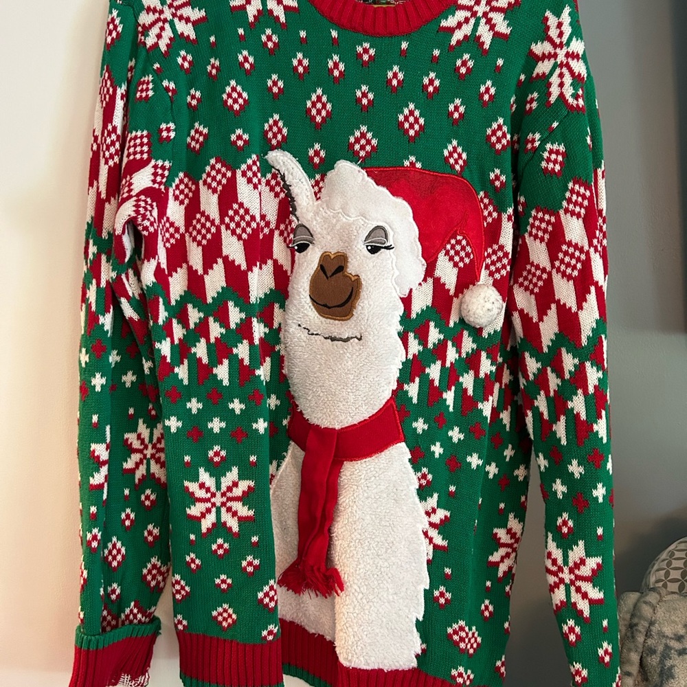 Festive Green and Red Cardigan with Nordic Patterns